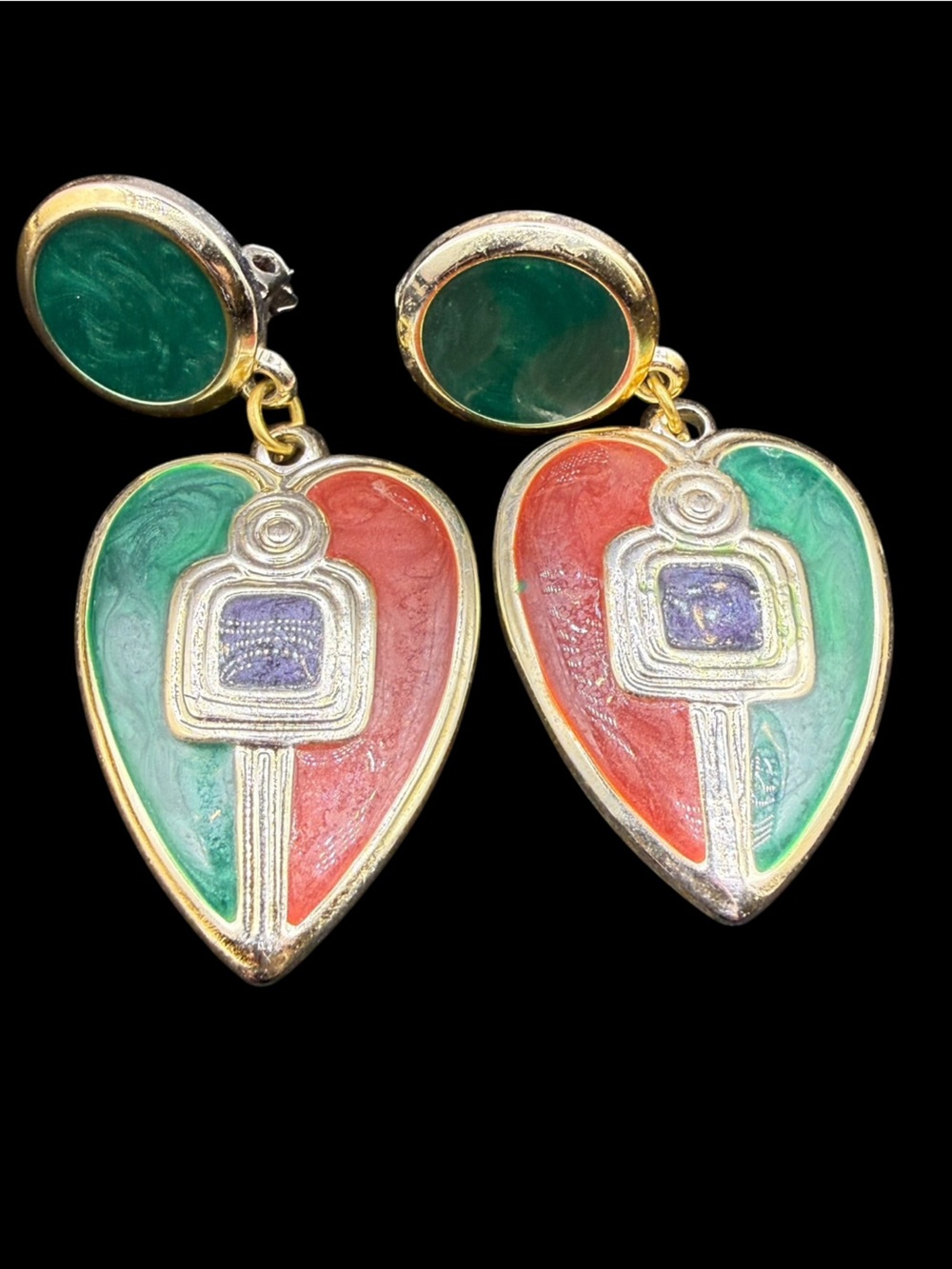 Vintage Retro Gold-Tone Green and Red Enamel Drop Earrings